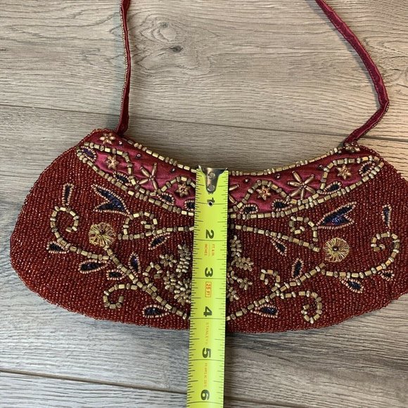 Beaded Purse Clutch Burgundy Satin Copper Gold Color Beads Zip Close, Strap Vtg - Picture 8 of 10
